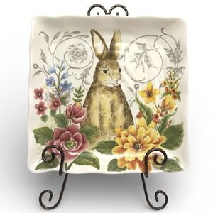 Maxcera 11 " X 11" Square Spring Easter Bunny Pink Flowers Serving  Plate